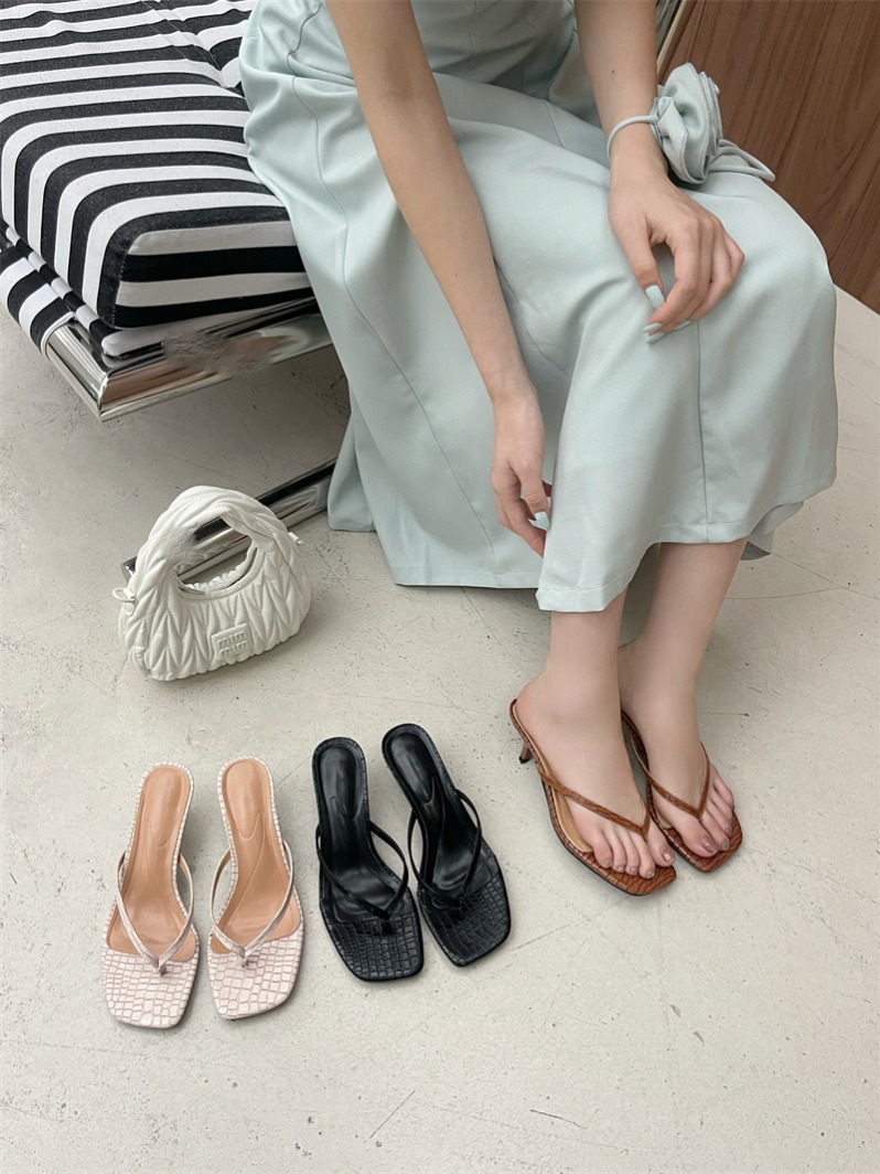 2024 New Women's High Heel Toe Clip Sandals Flip Flops Slip On Casual PU Sandals