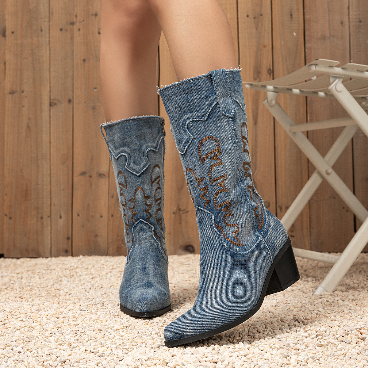 New Western Cowboy Boots for Women Pointed Toe Embroidery Mid Calf Chunky Heel Elevated Plus Size Knight Boots Ethnic Style - Image 5