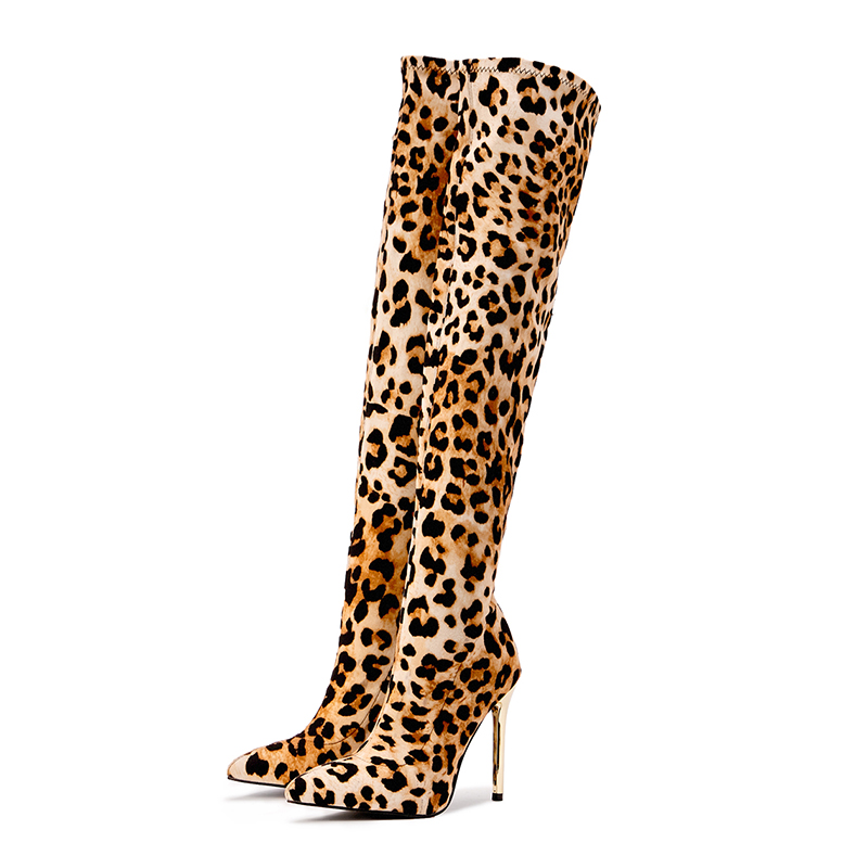 Impression Bang Women's Over Knee Leopard Print Stiletto Boots - Sexy Slip On Elastic High Heel Boots for Party - Image 4
