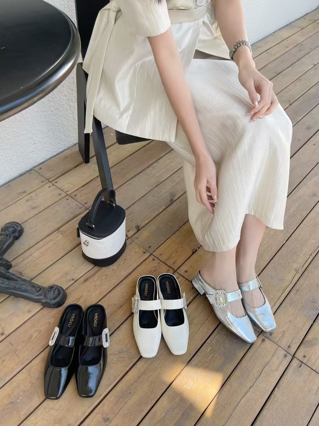 Yageli Rhinestone Strappy French Toe Slippers Women 2025 Square Toe Low Heel Backless Mary Jane Shoes Casual Slip On