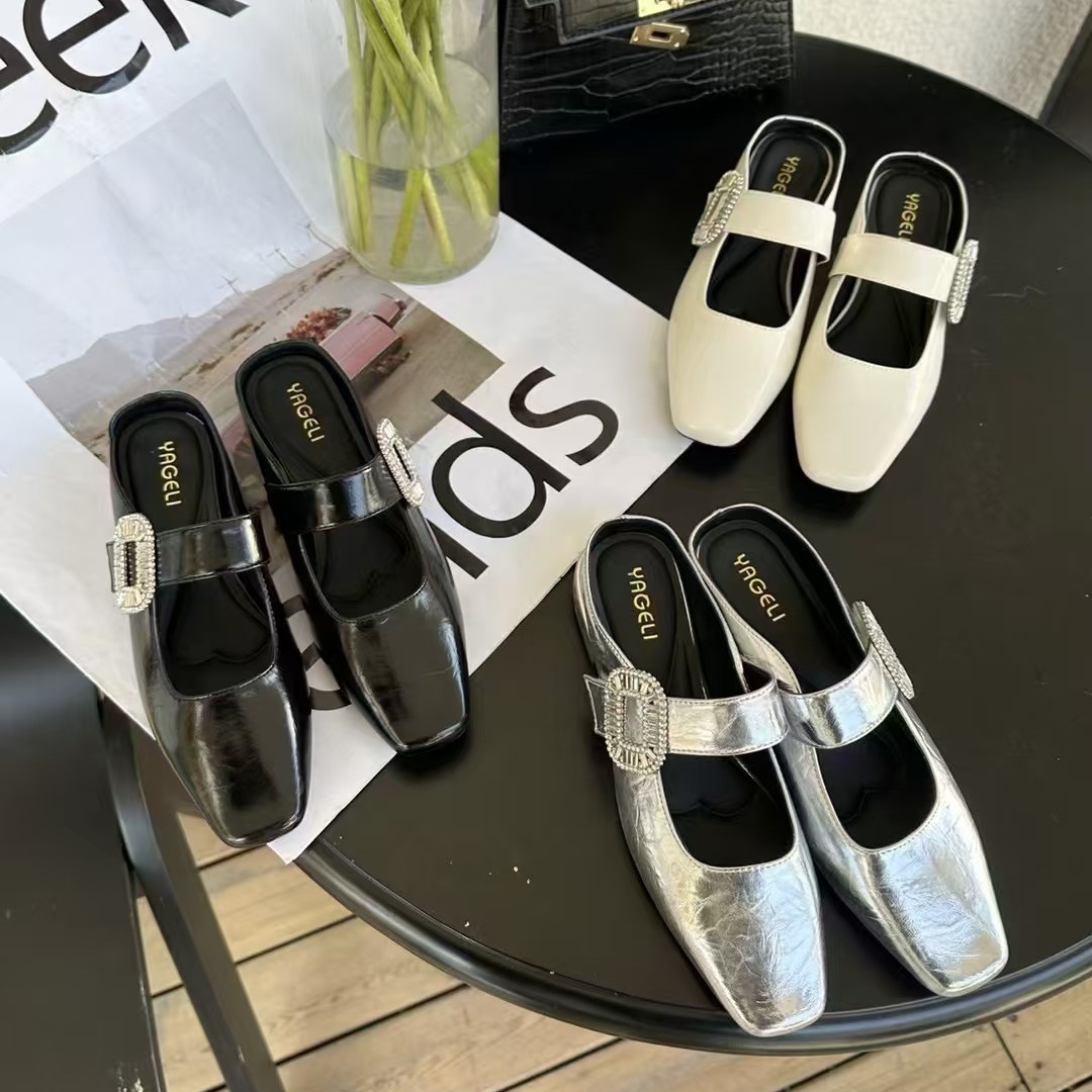 Yageli Rhinestone Strappy French Toe Slippers Women 2025 Square Toe Low Heel Backless Mary Jane Shoes Casual Slip On - Image 5