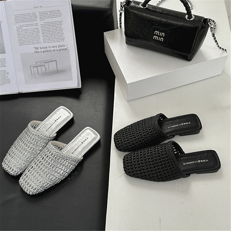 2025 Summer New Hollow Woven Sandals Women Flat Square Toe Slippers - Image 5