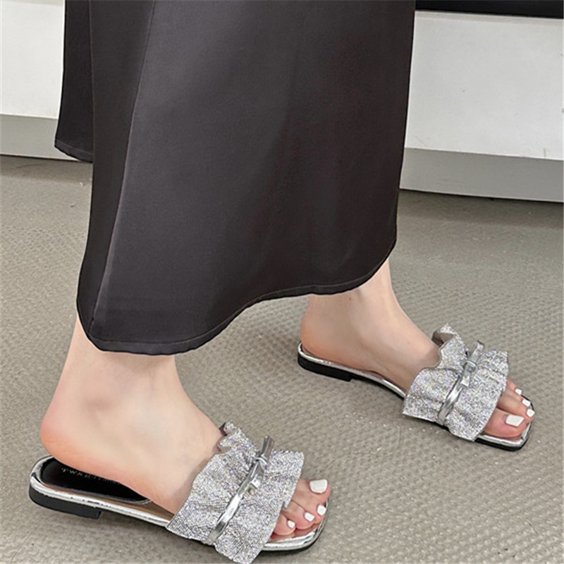 Yage Li Women's Sheepskin Bow Flat Slippers Summer Beach Sandals Square Toe - Image 5