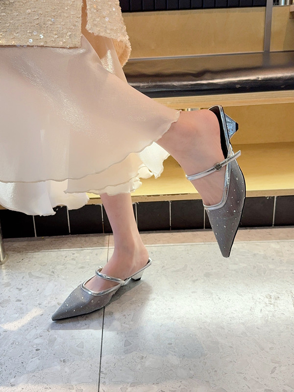 French Style Pointed Toe Mesh Rhinestone Wine Glass Heel Slippers for Women Low Heel Half Slippers - Image 2
