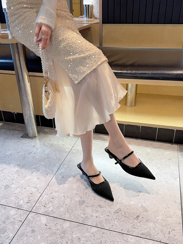 French Style Pointed Toe Mesh Rhinestone Wine Glass Heel Slippers for Women Low Heel Half Slippers - Image 3