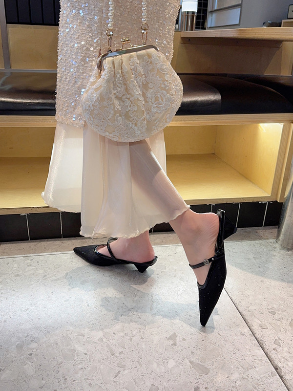 French Style Pointed Toe Mesh Rhinestone Wine Glass Heel Slippers for Women Low Heel Half Slippers - Image 4