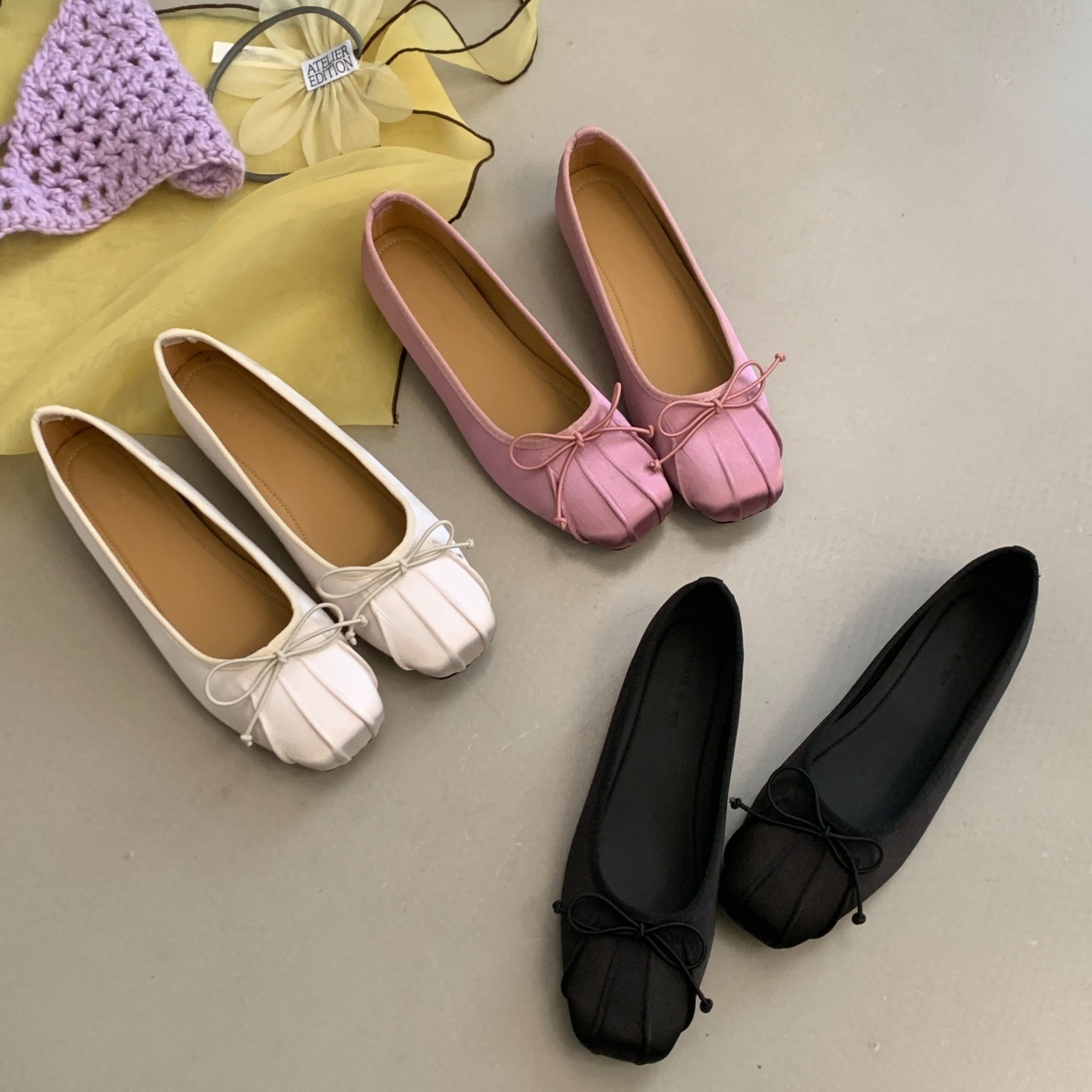 2026 Spring Summer Women's Satin Ballet Flats with Bowknot Square Toe Soft Sole