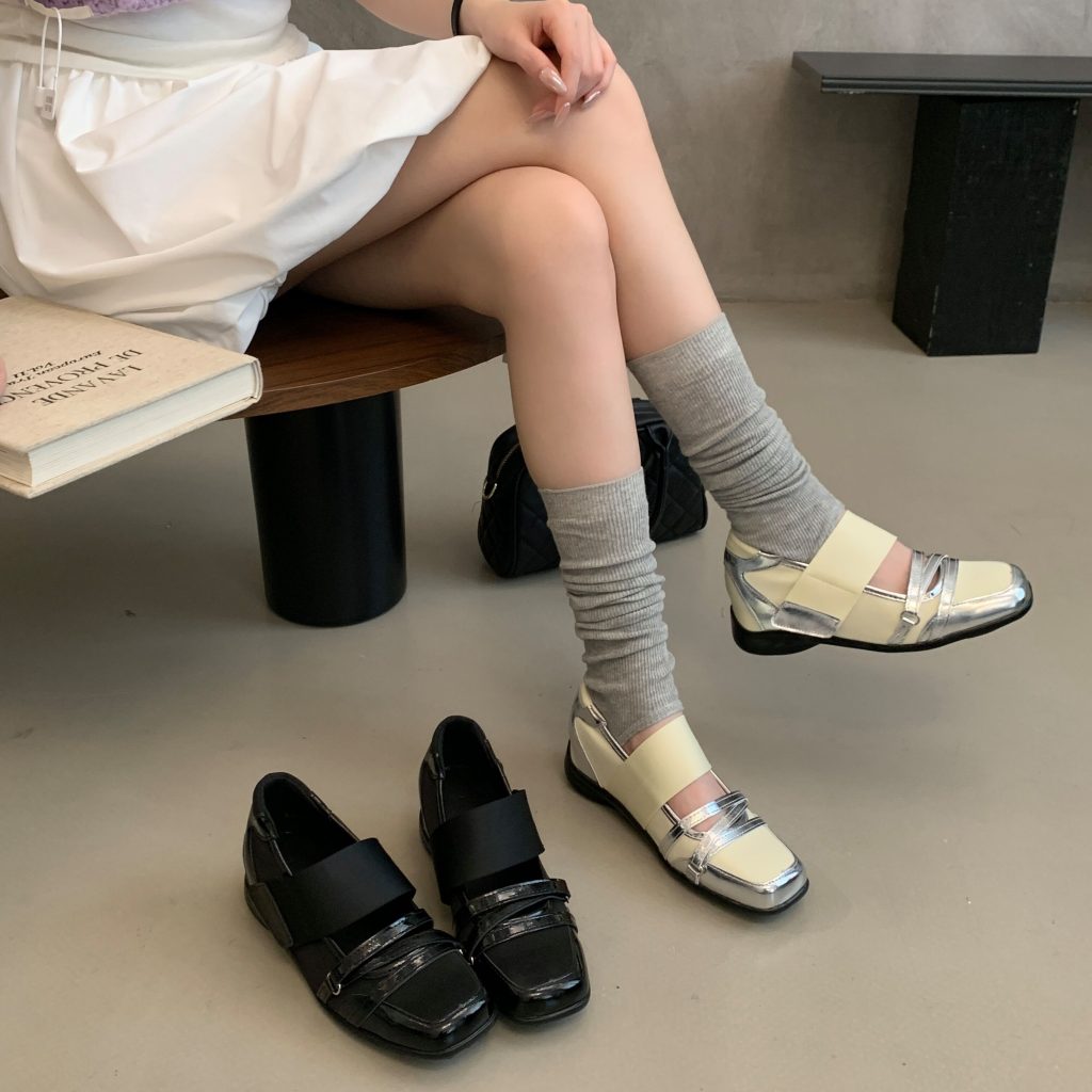 2026 New Korean Style Satin Ballet Shoes with Square Toe and Magic Tape, Inner Height Increase